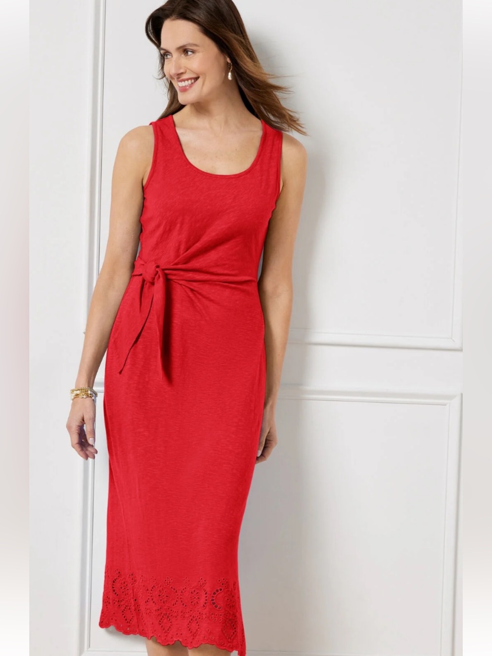 Talbots Red Sleeveless Tie-Waist Midi Dress